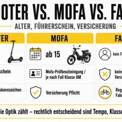 E-Scooter: ab 14, kein Führerschein nötig, Versicherungspflicht. Was ist ein scooter? Ein E-Scooter ist ein elektrisch angetriebener Roller.