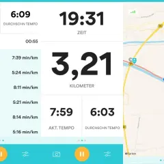 Lauf-App zeigt 3,21 km gelaufen in 19:31 Min. mit einem Durchschnittstempo von 6:03 min/km.