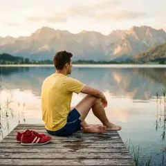 Mann sitzt auf Steg am See, blickt auf Berge. Seine roten Turnschuhe liegen daneben. Er genießt die Ruhe seiner taper week.