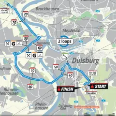 Streckenkarte für den Duisburg Ironman mit Start/Ziel, Kilometermarkierungen und Cut-Off-Zeiten. Die Route führt durch Homberg, Meiderich und entlang des Rheins.
