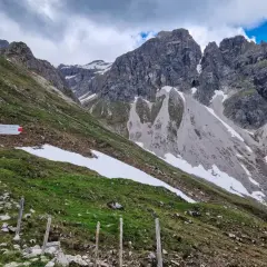 Wanderwegweiser am Widderstein Trail. Grüne Hänge mit Schneefeldern und steile Felsgipfel im Hintergrund.