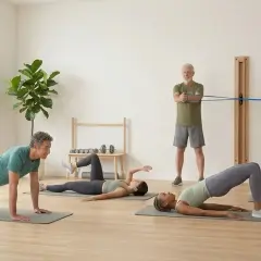Gruppe macht stabi training. Ein Mann macht Liegestütze, zwei Frauen liegen auf Matten, ein Mann trainiert mit einem Band.