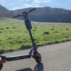 Ein alter E-Scooter steht am Straßenrand. Im Hintergrund weidet eine Schafherde auf einer grünen Wiese vor einem bewaldeten Hügel.