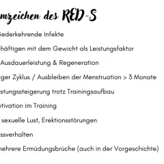 Alarmzeichen des RED-S: Infekte, Gewichtsfokus, schlechte Leistung, Zyklusstörungen, fehlende Steigerung, Motivationsverlust, sexuelle Probleme, Essstörungen, Ermüdungsbrüche.