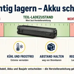 Akkus richtig lagern: Teil-Ladezustand, trocken, kühl, Abstand halten, regelmäßig prüfen. So schonen Sie Ihren Akku.