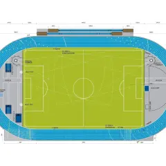 Grundriss einer Leichtathletik-Anlage mit Laufbahn, Fußballfeld und Disziplinen wie Weitsprung. Die Gesamtlänge der Tartanbahn ist hier nicht direkt angegeben, aber die Maße der einzelnen Abschnitte sind sichtbar.