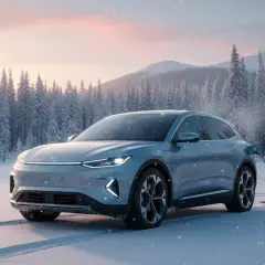 Blaues Elektroauto lädt im Winterwald. Die niedrige akku temperatur ist kein Problem, da es an einer Ladestation steht.