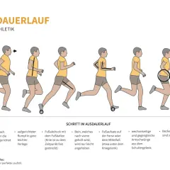 Illustrationen zeigen Schritte des Ausdauerlaufs: aufrechter Rumpf, Fußabdruck auf Fußballen, Armschwünge. So trainierst du grundlagenausdauer.