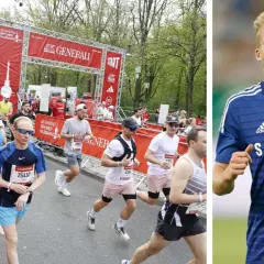 Läufer beim Berliner Halbmarathon in Deutschland. Rechts ein Fußballspieler im blauen Trikot.
