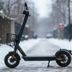 Ein schwarzer Elektroroller mit Korb steht im Schnee. Selbst im Winter ist **Roller fahren** möglich, wenn man vorsichtig ist.