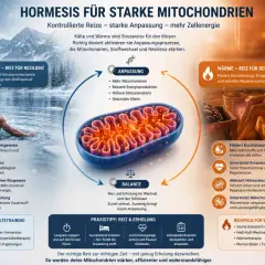 Kälte & Wärme stärken deine Mitochondrien. Das Bild zeigt, wie Reize wie Eisbaden und Sauna die Zellenergie durch Mitochondrientraining verbessern.