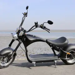 Schwarzer E-Scooter im Chopper-Stil am Strand der Niederlande. Ab wann darf man damit fahren?