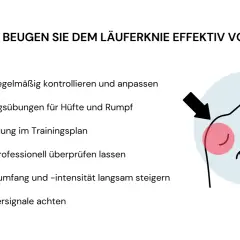 Tipps zur Vorbeugung des Läuferknies: Schuhe prüfen, Kräftigungsübungen, Abwechslung, Laufstil checken, Umfang steigern, auf Signale achten.