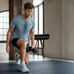 Mann macht Ausfallschritte mit Hantel. Perfekt für einen ausgewogenen joggen und krafttraining wochenplan.