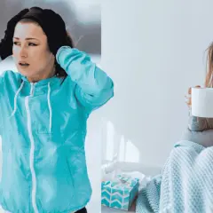 Frau mit Halsschmerzen nach Sport im Freien, rechts eine kranke Frau mit Taschentuch und Tasse.