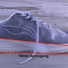 Grauer Laufschuh mit 10mm Sprengung. Die Fersendämpfung beträgt 18mm, die Vorderfußdämpfung 8mm.