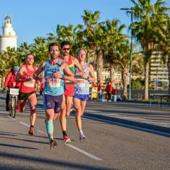 Läufer beim Malaga Marathon, vorbei an Palmen und dem Leuchtturm.