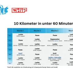 Vierwöchiger 10km training plan. Enthält Lauftraining, Regeneration und Kraftübungen. Ziel: 10 km unter 60 Minuten.