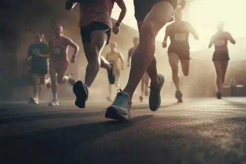 Läufer im Wettkampf, bereit für ihren Halbmarathon. Ein kostenloser Trainingsplan hilft dir, dieses Ziel zu erreichen.