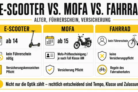 E-Scooter: ab 14, kein Führerschein nötig, Versicherungspflicht. Was ist ein scooter? Ein E-Scooter ist ein elektrisch angetriebener Roller.