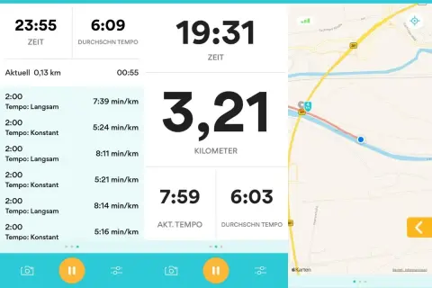 Lauf-App zeigt 3,21 km gelaufen in 19:31 Min. mit einem Durchschnittstempo von 6:03 min/km.