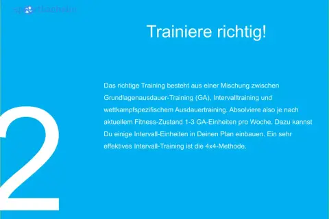 Trainiere richtig! Das richtige Training kombiniert Grundlagenausdauer und Intervalltraining. Für deinen Cooper Test Training baue 1-3 GA-Einheiten und Intervalltraining ein.