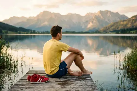 Mann sitzt auf Steg am See, blickt auf Berge. Seine roten Turnschuhe liegen daneben. Er genießt die Ruhe seiner taper week.