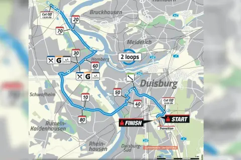 Streckenkarte für den Duisburg Ironman mit Start/Ziel, Kilometermarkierungen und Cut-Off-Zeiten. Die Route führt durch Homberg, Meiderich und entlang des Rheins.
