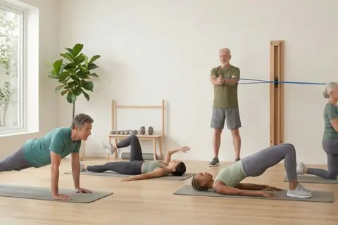 Gruppe macht stabi training. Ein Mann macht Liegestütze, zwei Frauen liegen auf Matten, ein Mann trainiert mit einem Band.