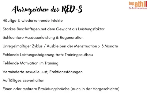 Alarmzeichen des RED-S: Infekte, Gewichtsfokus, schlechte Leistung, Zyklusstörungen, fehlende Steigerung, Motivationsverlust, sexuelle Probleme, Essstörungen, Ermüdungsbrüche.