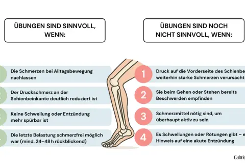 Schienbein-Schmerzen: Wann Übungen helfen und wann nicht. Bei Muskelkater im Schienbein sind Übungen sinnvoll, wenn Schmerzen nachlassen und keine Entzündung vorliegt.
