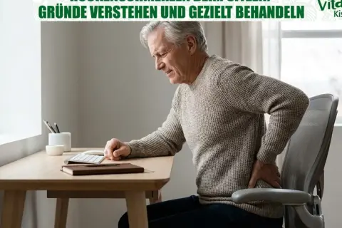 Älterer Mann mit Rückenschmerzen, ein häufiges Symptom bei zu viel Sitzen. Er greift sich schmerzgeplagt an den unteren Rücken.