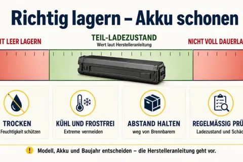 Akkus richtig lagern: Teil-Ladezustand, trocken, kühl, Abstand halten, regelmäßig prüfen. So schonen Sie Ihren Akku.