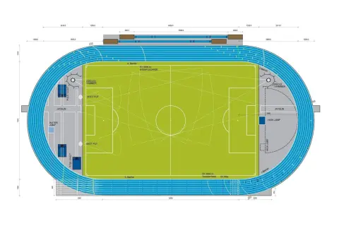 Grundriss einer Leichtathletik-Anlage mit Laufbahn, Fußballfeld und Disziplinen wie Weitsprung. Die Gesamtlänge der Tartanbahn ist hier nicht direkt angegeben, aber die Maße der einzelnen Abschnitte sind sichtbar.