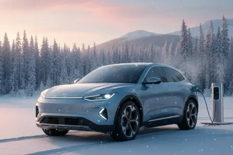Blaues Elektroauto lädt im Winterwald. Die niedrige akku temperatur ist kein Problem, da es an einer Ladestation steht.