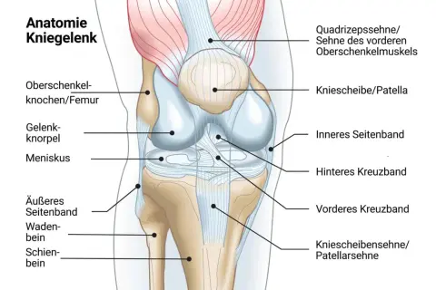 Anatomie des Kniegelenks: Sehnen, Bänder und Knochen. Die Quadrizepssehne ist Teil der Oberschenkelmuskulatur.