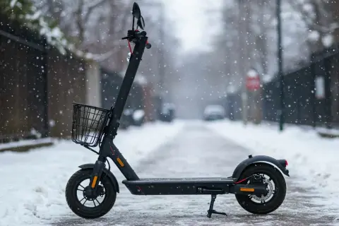 Ein schwarzer Elektroroller mit Korb steht im Schnee. Selbst im Winter ist **Roller fahren** möglich, wenn man vorsichtig ist.