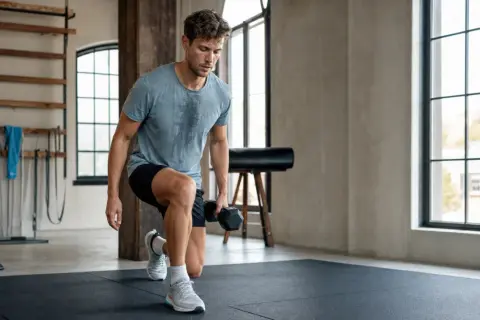 Mann macht Ausfallschritte mit Hantel. Perfekt für einen ausgewogenen joggen und krafttraining wochenplan.