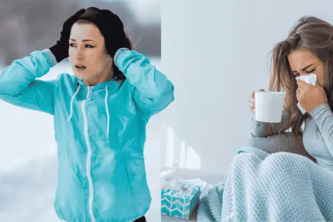 Frau mit Halsschmerzen nach Sport im Freien, rechts eine kranke Frau mit Taschentuch und Tasse.