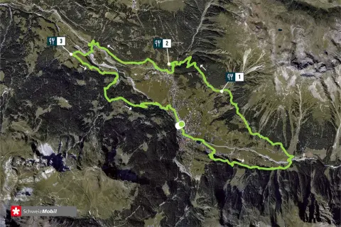 Luftaufnahme des Madrisa Trails mit Markierungen 1, 2 und 3. Der grüne Pfad schlängelt sich durch Wälder und über Berge.