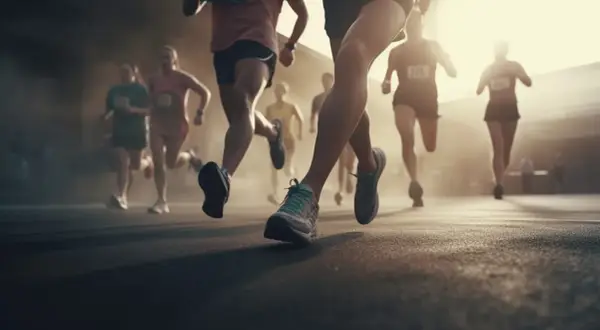 Läufer im Wettkampf, bereit für ihren Halbmarathon. Ein kostenloser Trainingsplan hilft dir, dieses Ziel zu erreichen.