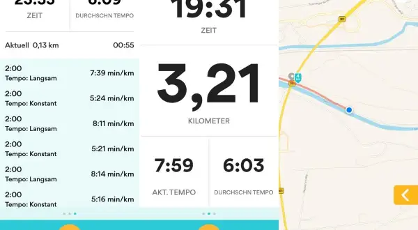 Lauf-App zeigt 3,21 km gelaufen in 19:31 Min. mit einem Durchschnittstempo von 6:03 min/km.