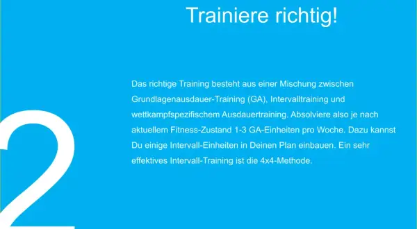 Trainiere richtig! Das richtige Training kombiniert Grundlagenausdauer und Intervalltraining. Für deinen Cooper Test Training baue 1-3 GA-Einheiten und Intervalltraining ein.