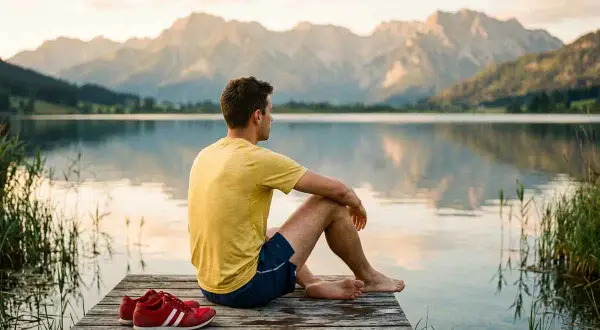 Mann sitzt auf Steg am See, blickt auf Berge. Seine roten Turnschuhe liegen daneben. Er genießt die Ruhe seiner taper week.