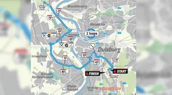 Streckenkarte für den Duisburg Ironman mit Start/Ziel, Kilometermarkierungen und Cut-Off-Zeiten. Die Route führt durch Homberg, Meiderich und entlang des Rheins.