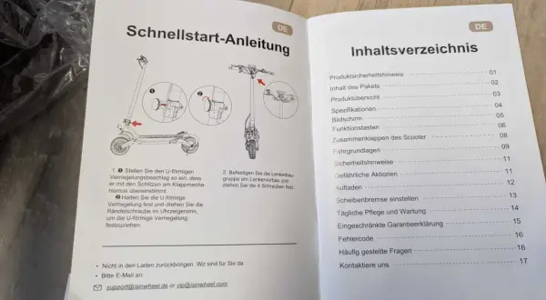 Schnellstart-Anleitung und Inhaltsverzeichnis für e-scooter papiere. Enthält Aufbau, Sicherheit und Wartung.