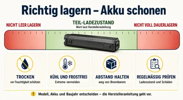 Akkus richtig lagern: Teil-Ladezustand, trocken, kühl, Abstand halten, regelmäßig prüfen. So schonen Sie Ihren Akku.
