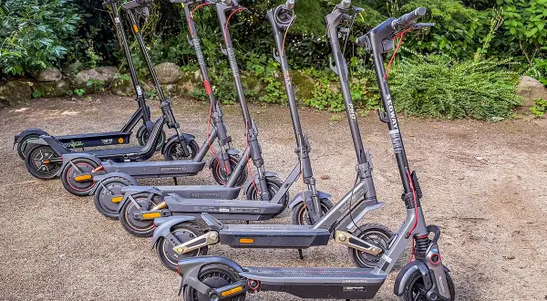 Mehrere E-Scooter stehen nebeneinander im Freien. Sie sind bereit für die e scooter zulassung deutschland.