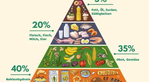 Ernährungspyramide: Kohlenhydrate (40%), Obst/Gemüse (35%), Fleisch/Fisch/Milch/Eier (20%), Fett/Zucker (5%). Hilft beim Kaloriendefizit zum Abnehmen.