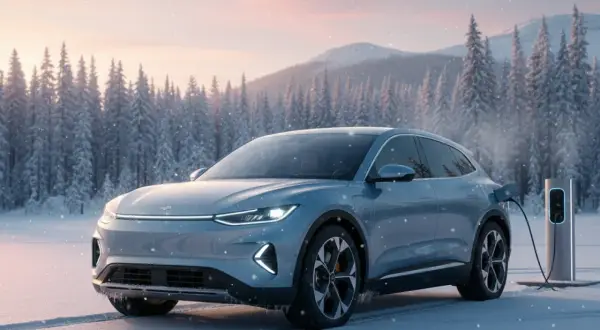 Blaues Elektroauto lädt im Winterwald. Die niedrige akku temperatur ist kein Problem, da es an einer Ladestation steht.